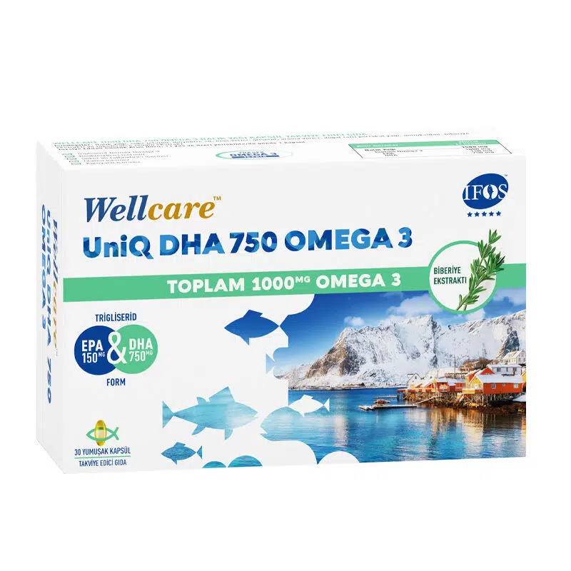 WELLCARE UNIQ DHA 750 OMEGA 3 YUMUŞAK KAPSÜL 30 ADETLİK AMBALAJ